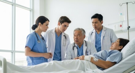 Fototapeta premium Medical team discussing a patient in a hospital bed.