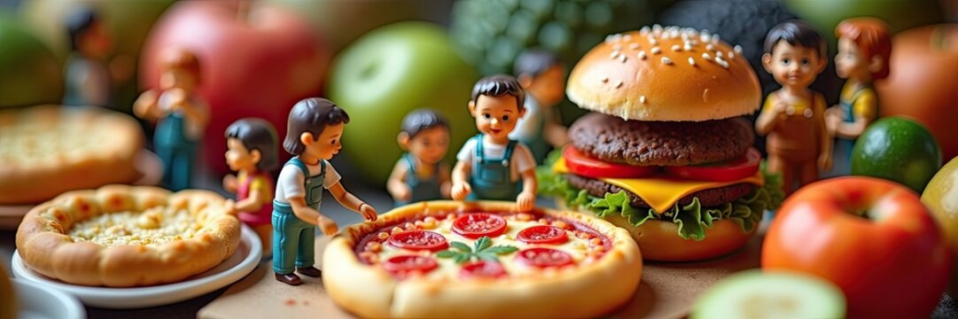 Miniature figures prepare food, including pizza and burgers.