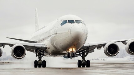 Obraz premium Powerful white airplane taxiing on a wet runway with engines illuminated, ready for takeoff in a modern aviation scene.