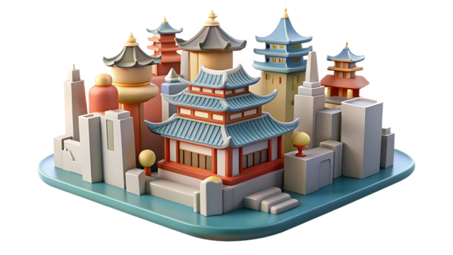 East Asian Cityscape with Pagodas and Modern Architecture in Pastel Colors urban