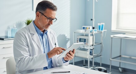 A doctor in a white coat using a digital tablet in a medical office.