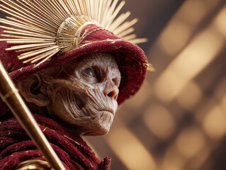 A detailed close-up portrait of a figure with a golden crown, dressed in burgundy attire, and exhibiting an aged, skeletal appearance.