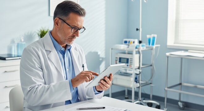 A doctor in a white coat using a digital tablet in a medical office.