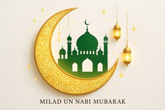 Celebrate Milad un Nabi Mubarak with stunning mosque and crescent moon design for festive greetings