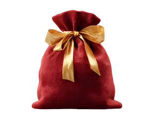 Red Velvet Drawstring Gift Bag with Golden Ribbon Tied in a Bow, Front View, Isolated on Transparent Background