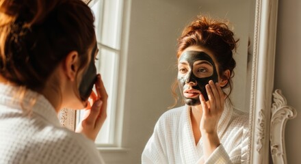A woman in a white bathrobe applying a black face mask in front of a mirror.