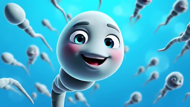 Cheerful Cartoon Sperm Cells Smiling in Turquoise Background Animation with Expressive Eyes and Rosy Cheeks Perfect for Educational Content and Health Related Projects