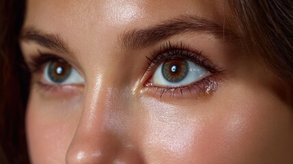 Fototapeta premium Close-up portrait of a woman's face, highlighting luminous skin and expressive eyes. A beautiful, detailed view of delicate features, showcasing a radiant complexion.