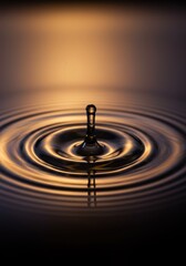 A single water droplet impacting a still surface, creating concentric ripples.  Golden-toned lighting highlights the impact