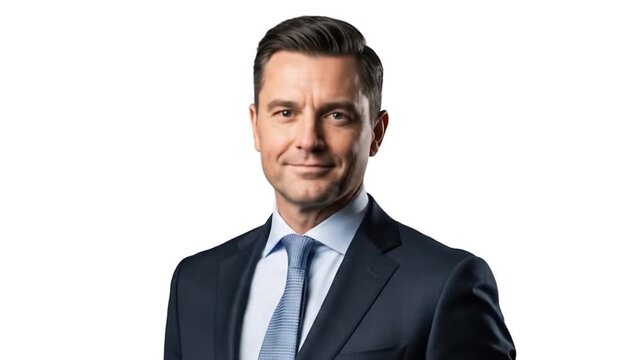 Confident Businessman Posing in Dark Suit and Light Blue Tie on White Background Video