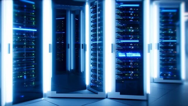 Futuristic server room displaying data storage and network infrastructure array