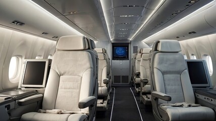 Experience ultimate travel luxury with plush, modern aircraft cabin seating featuring individual entertainment screens and ambient lighting for an unforgettable journey.