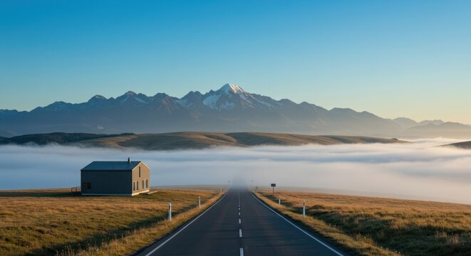 A long straight road disappears into a misty horizon with a building on the left, hills, and snowy mountains in the distance - Powered by Adobe
