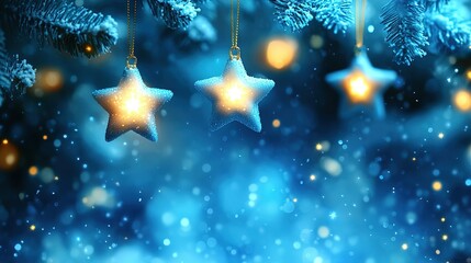 Three stars hanging against a blue background with glowing lights and snow.