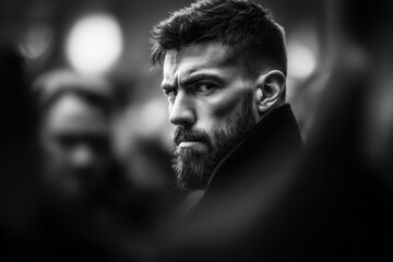 Close-up grayscale portrait of a man with a serious expression and full beard, showcasing a thoughtful and intense mood.