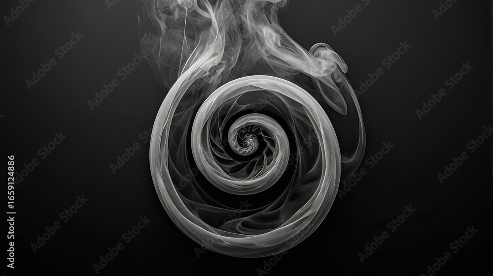 Poster mesmerizing white smoke swirling into an intricate spiral vortex against a stark black background, c