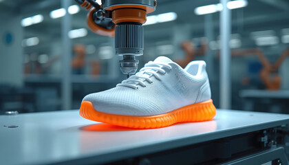 Robotic arm with 3D printer nozzle works on white athletic shoe with orange sole. Automated factory production shows future footwear manufacturing technology. Advanced machinery creates custom