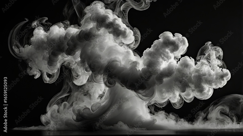 Poster dynamic billowing smoke swirls with ethereal beauty against a stark black backdrop, creating a drama