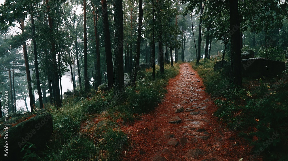Poster path through dense forest with tall trees and green undergrowth.