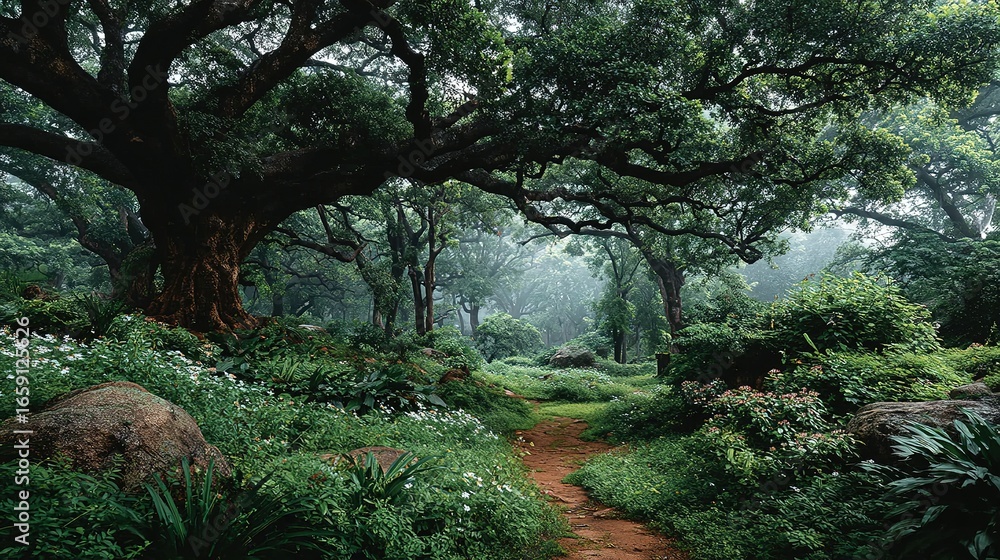 Poster forest path with lush green foliage and large trees creating a canopy.