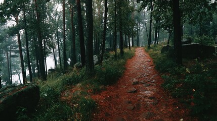 Obraz premium Path through dense forest with tall trees and green undergrowth.