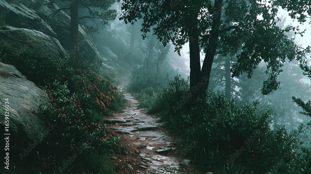 Aufkleber forest path with trees and rocks on a foggy day.