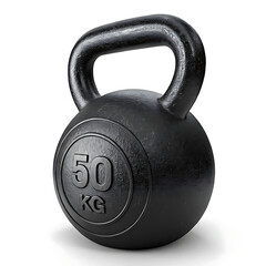 Heavy black cast iron kettlebell marked fifty kilograms for intense strength training