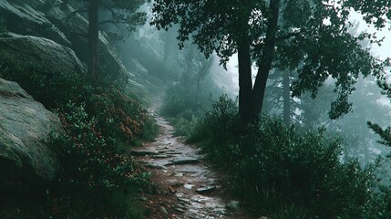 Forest path with trees and rocks on a foggy day.
