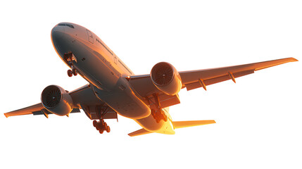 Airplane taking off on transparent background, jet plane ascending during golden hour