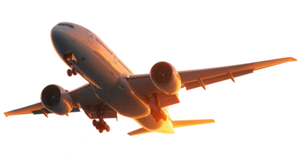 Airplane taking off on transparent background, jet plane ascending during golden hour