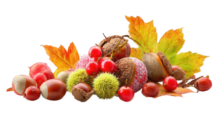 Autumn Still Life with Chestnuts, Hazelnuts, Hawthorn Berries, and Colorful Leaves on Transparent Background