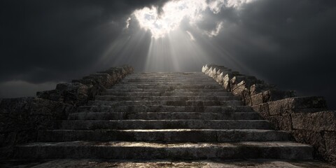 Obraz premium Ancient Stone Stairway Leading to Light Breaking Through Dark Clouds