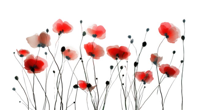 Delicate Red Poppies with Thin Stems on Black Background, Floral Illustration on Transparent Background