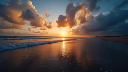Golden sunset over a tranquil beach.