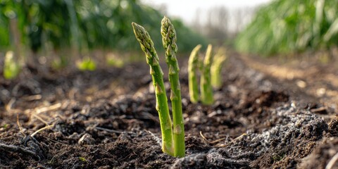Fototapeta premium Fresh Asparagus Spears Emerging in a Lush Green Field Under the Sun's Warm Embrace