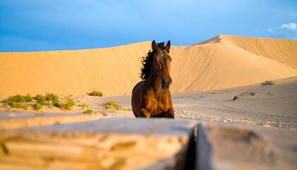 A brown horse runs through a golden desert landscape