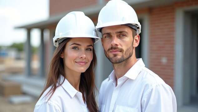 Smiling team of professional architects and engineers in hardhats at a construction site meeting.
