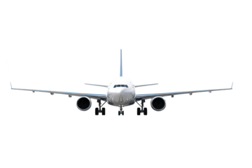 Front View of Modern Airplane Ready for Takeoff on Black Background, Transparent Cutout Style