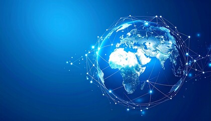 Futuristic Planet Earth with Luminous Cyber Network Grid, Connected Dots and Lines Representing Internet of Things and Cloud Computing Infrastructure