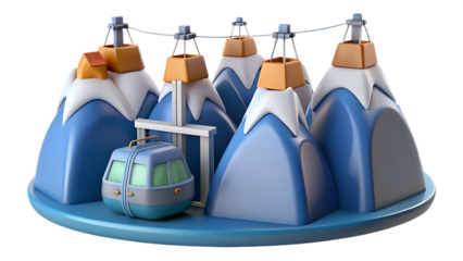 Cartoon ski resort with cable cars and snow-capped mountains winter