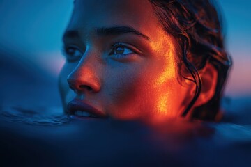 A close-up portrait of a woman submerged in water, bathed in vibrant, contrasting neon hues of blue and orange, highlighting the luminous quality of her skin and creating a mesmerizing mood.