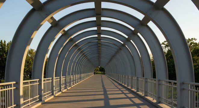 Arched metal pedestrian bridge, repetitive framing, diminishing perspective