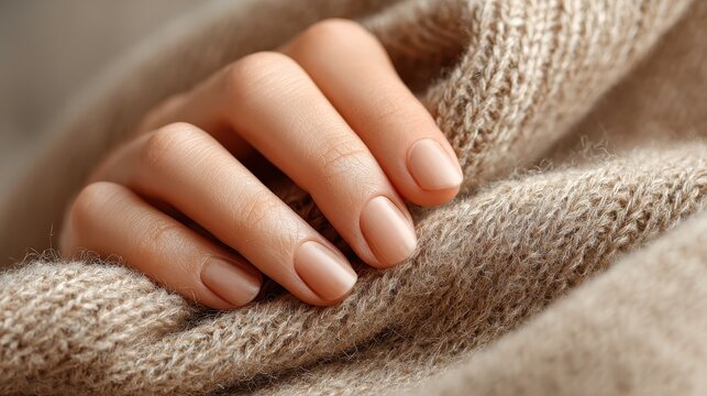 Woman's hand with nude nails on a beige knitted woolen sweater. Great for advertising nail polish, hand cream or cozy fall concepts.