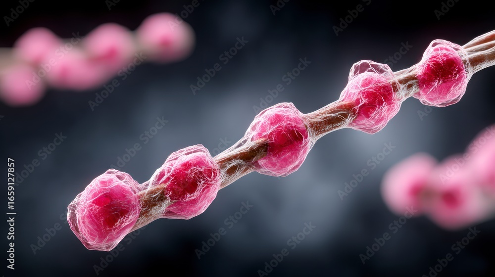 Poster microscopic view of pink spherical cells attached to a fibrous structure scientific visualization