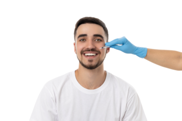 Gentle skin care procedure performed on a joyful man, isolated, PNG