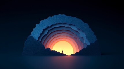 Obraz premium Solitary silhouette facing a luminous sunrise within layered cave like formations