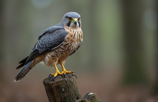 Adult male Eurasian Sparrowhawk perches on weathered wood in wet spring forest. Bird of prey exhibits sharp talons, eyes, grey, barred plumage detailed against soft, blurred woodland background. - Powered by Adobe