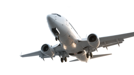 Low Angle View of Commercial Airplane Landing Gear Deployed on Transparent Background