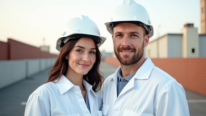 Portrait of a professional team of architects, engineers, and construction workers in hardhats meeting at a building site.
