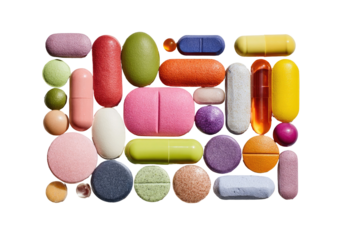 Colorful array of various pills and capsules.  Close-up, top-down view.  Different shapes, sizes, and vibrant colors.  Organized in a roughly rectangular pattern